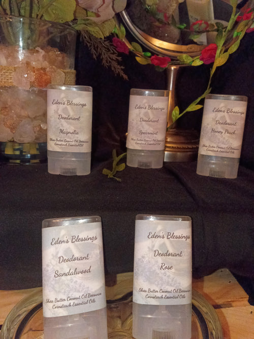 Eden's Blessings Natural Deodorant in five scents: Magnolia, Spearmint, Honey Peach, Sandalwood, and Rose